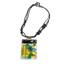 Art Glass Pendant Statement Necklace Mulitcolor 14" Toggle Clasp 2.2"h