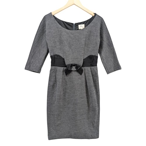 Milly Woll Strickkleid grau Halbarm Schleife vorne gefüttert knielang Etui Gr. S