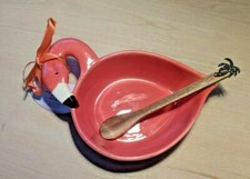 Twos Company Flamingo Dish with Acacia Wooden Spoon - Palm Tree Dip Condiment