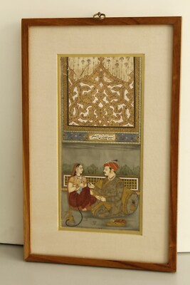 Indian Miniature Painting Of Mughal Emperor And Empress Love Scene 8.5x13 Inches