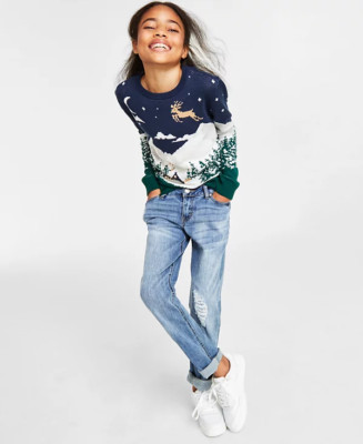 Holiday Lane Big Girls Small Snowy Landscape Crewneck Sweater in Blue $40 100