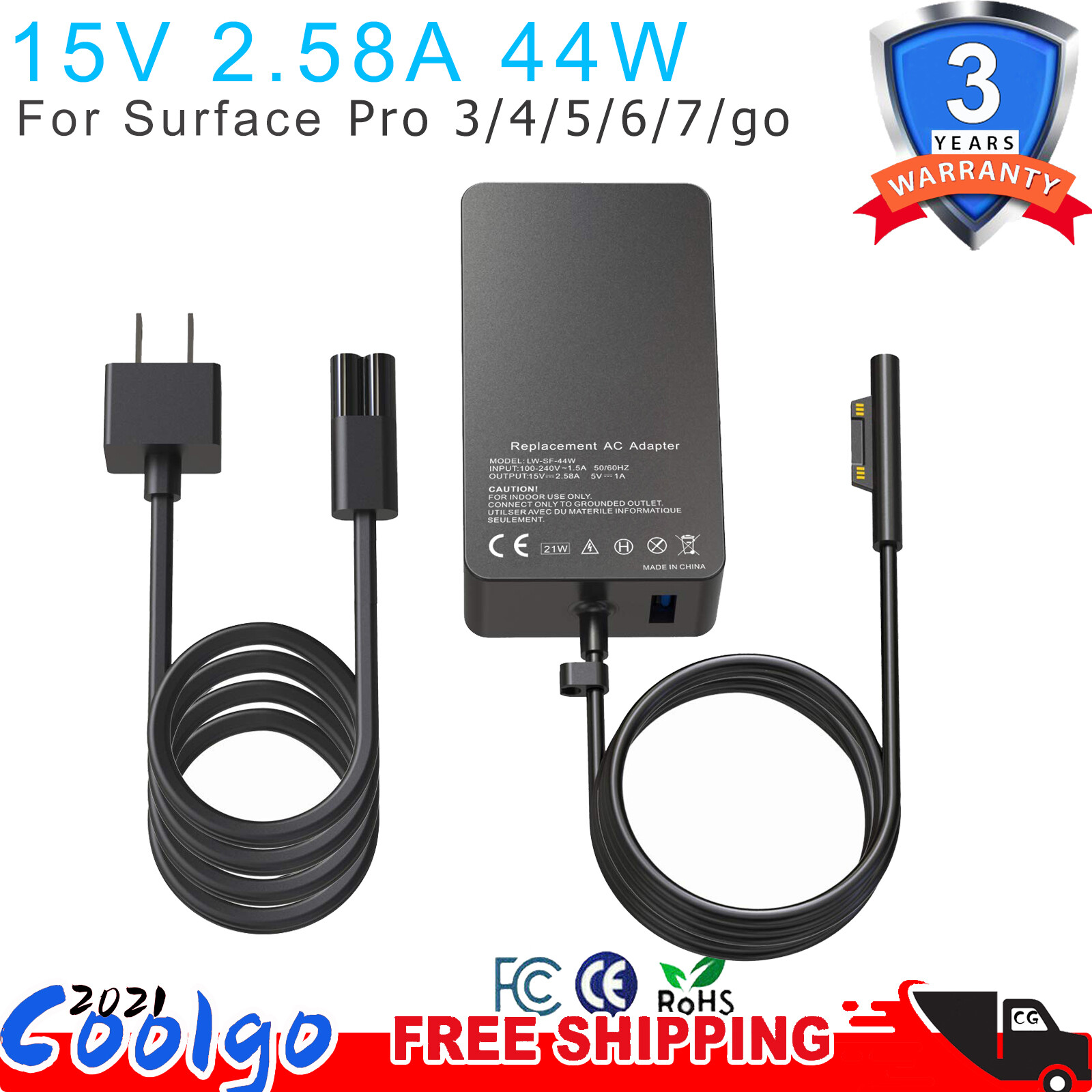 For Microsoft Surface Pro 3 4 5 6 Laptop Book Power Adapter Charger 44W 1800