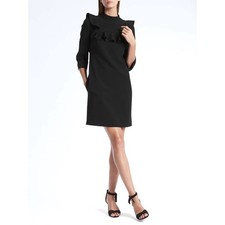 Banana Republic Black Ruffle Frill Mock Neck 3/4 Sleeve Mini Shift Dress Size 2
