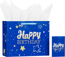 13" Blue Happy Birthday Gift Bag with Tissue Paper and Greeting Card for Party,H