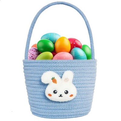 Easter Bunny Basket for Kids Blue Woven Cotton Rope Gift Bag w/ Ribbons