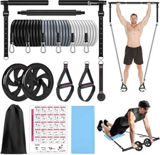 Pilates bar set with resistance bands, Pilates fitness bar with abdominal roller