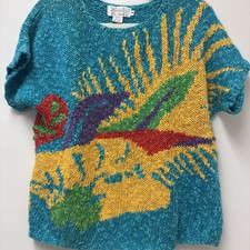 Retro 1980s Vintage Hand knitted Tropical Short Sleeve Sweater Medium Rafaella
