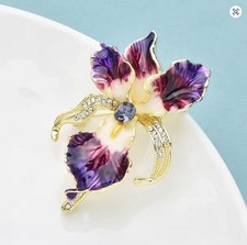 Wuli & Baby Purple Iris Enamel Brooch Gold Tone Rhinestone Flower Pin