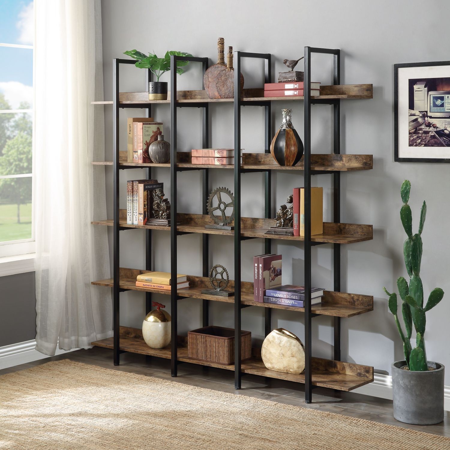  5 Tier Bookcase Home Office Open Bookshelf, Vintage Industrial Style She