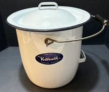 Vintage Vollrath Enamelware Pot With Lid And Wooden Handle, Black & White