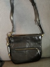 Lucky Brand Black Leather Crossbody Bag Gold Hardware Zipper Accent