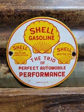 VINTAGE SHELL GASOLINE PORCELAIN SIGN 1936 TRIO AUTOMOBILE AUTO GAS MOTOR OIL