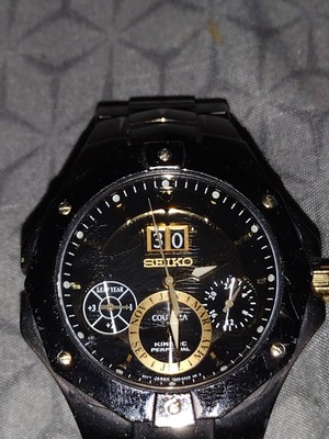 Seiko Coutura Kinetic Perpetual Date Black Dial & Band Watch 7D46
