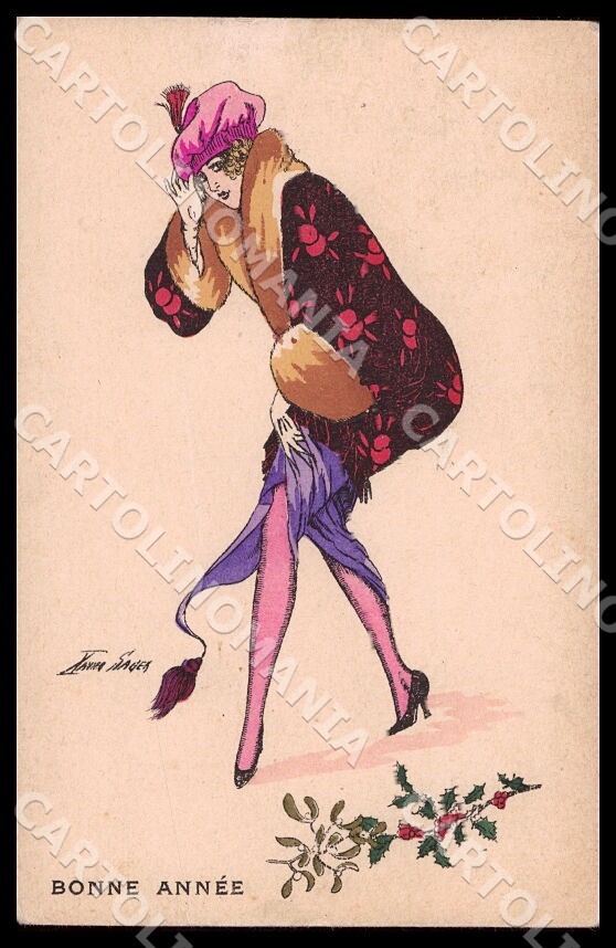Artista Sager X. Cartolina Moda Art Decò Lady Capodanno Noyer 86 CT0512 PIEGA