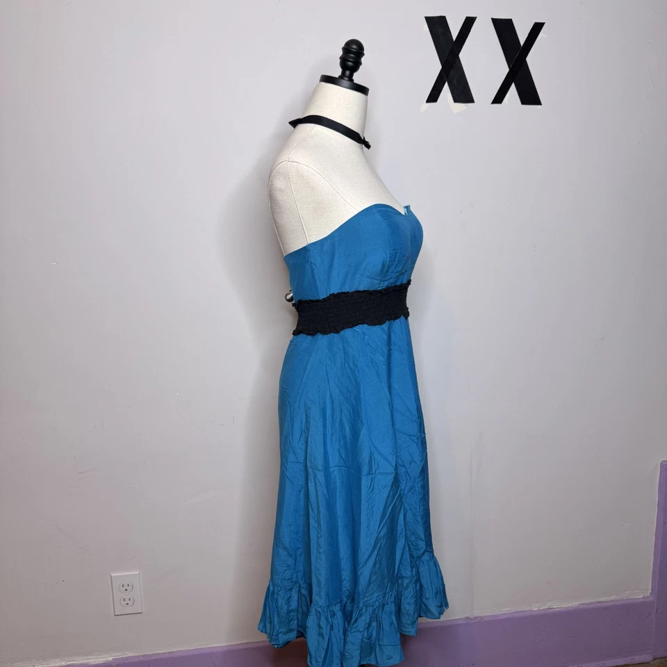 Vestido Babydoll Vintage Azul Vivo de Gasa • Sin Tirantes Hada Baile de graduación Coqueta Y2K M Foto 4 de 4