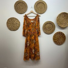 Anthropologie Moulinette Soeurs Beautiful Orange Silk Cold Shoulder Midi Dress 0