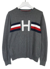 TOMMY HILFIGER Jumper Men's SMALL Grey Round Neck Tight Knitted Logo Pullover