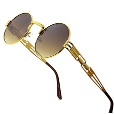Round Sunglasses Gold Frame Brown Gradient Lens Men's Fashion Hip Hop Retro 80's
