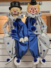 Vintage Mildred Hamilton Handmade Clown Shelf Sitters - Wood Core & Dowel Limbs