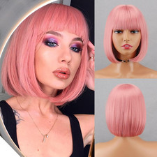 Pink Wigs for Women Short Synthetic Bob Wig with Bangs Glueless Shoulder Length