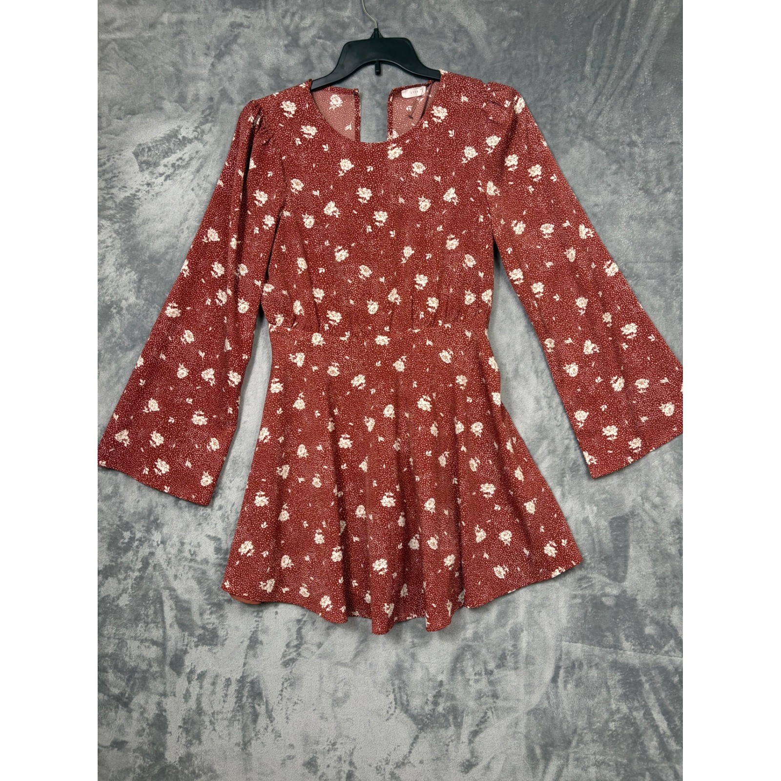 Lush Rust Cream Floral Long Sleeve Open Back Mini dress LD44108C-003 Large
