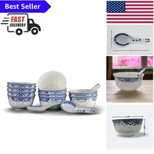 Luxury Blue & White Soup Bowls Set with 10 Free Spoons - Elegance for Everyday