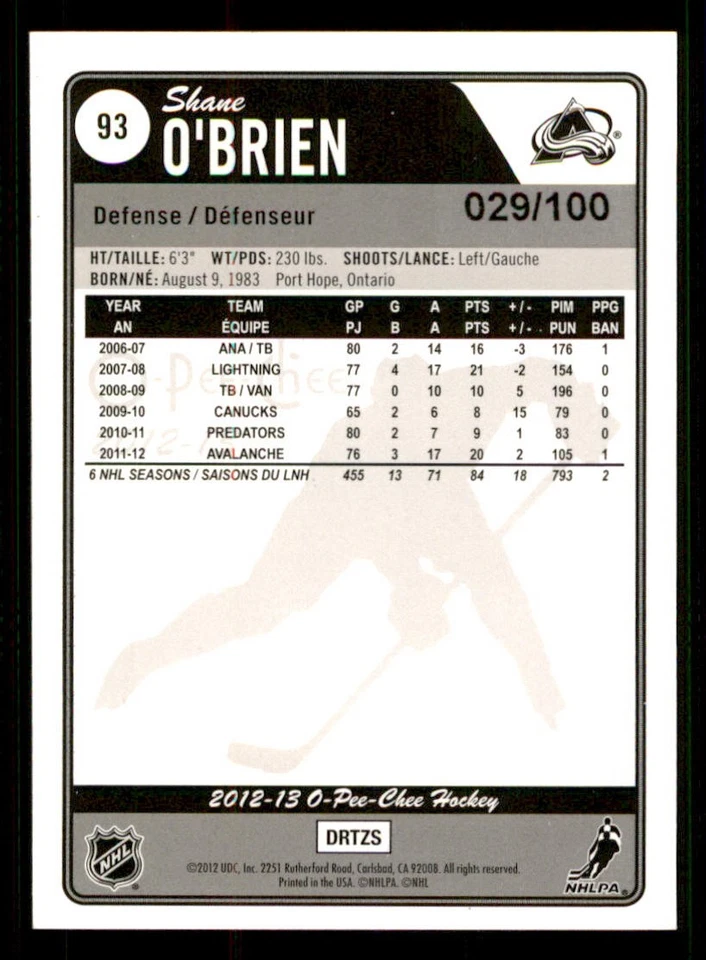 2012-13 O-Pee-Chee Black Rainbow #93 Shane O'Brien /100 - Image 2 of 2