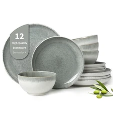 Stoneware Dinnerware Set, 12 pcs Reactive Glaze Plates & Bowls for 4