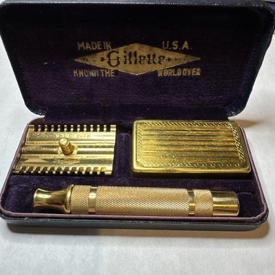 Vintage Gillette Gold Safety Razor Set Open Comb Blade Case Purple Box USA