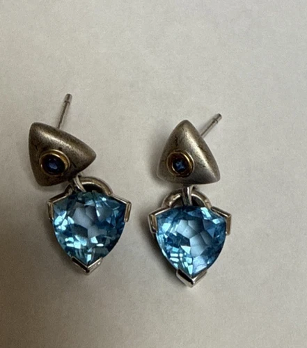 Sterling Silver & 14k Gold Blue Topaz Earrings Pierced Pear Drop