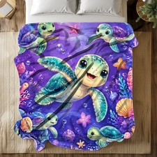 Baby Sea Turtles Underwater Coral Fleece Blanket Ocean Animal Decor