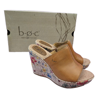 Born Concept boc Wedge Sandals Womens 8 Dianna Floral Cork Slip On Brown Leather