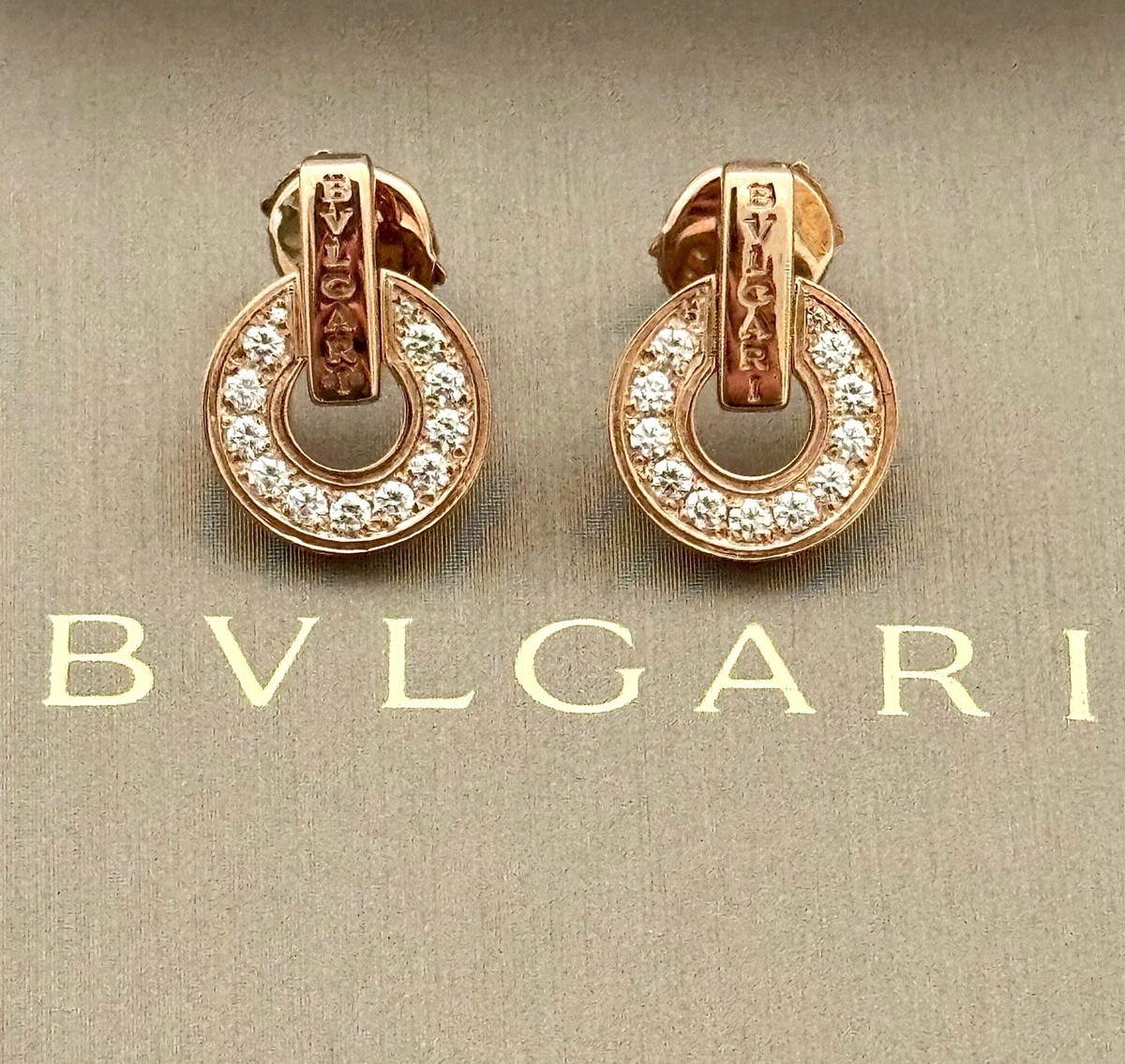 AUTHENTIC BVLGARI BULGARI DIAMOND EARRINGS 18K ROSE GOLD, RETAIL