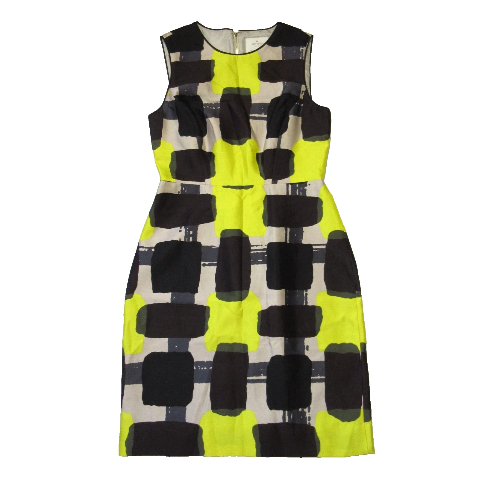 Abito nuovo con etichette Kate Spade Della Tubino in Giallo Nero Geo Quadrato Cotone Seta 8 $398