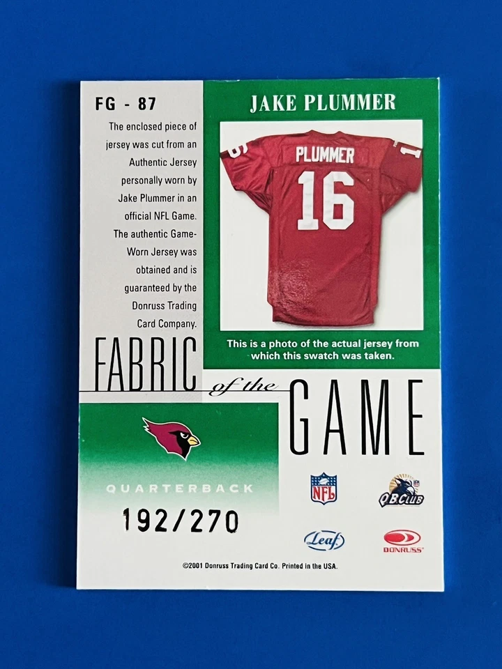 2001 Certified Jake Plummer Fabric of the Game Player Worn Jersey #FG-87; #d/270 - Image 2 of 2