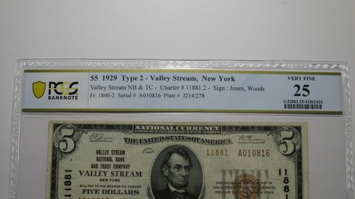 $5 1929 Valley Stream New York National Currency Bank Note Bill #11881 VF25 PCGS - Picture 2 of 4