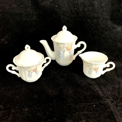 Precious Moments Teapot Sugar and Creamer Miniature Porcelain Set Friends 1988