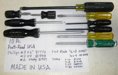 10 Pc. Screwdriver Set MADE IN USA Pratt-Read Slotted Phillips Torx Flat Blad...