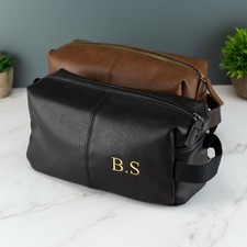 Personalised Embroidered Mens Leather Toilet Wash Bag with Strap Black or Brown