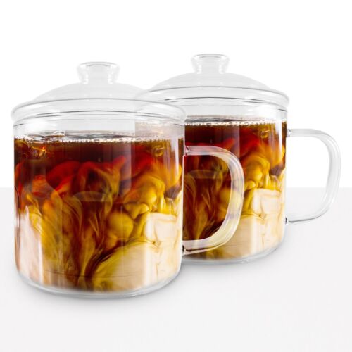 (SET OF 2) DOUBLED WALL INSULATED BOROSILICATE GLASS COFFEE/TEA MUGS WITH LID