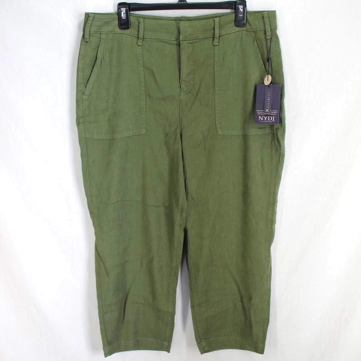 NYDJ Utility Crop Pants Women Sz 14 Olive Green Linen Blend Lift Tuck Lightweigt