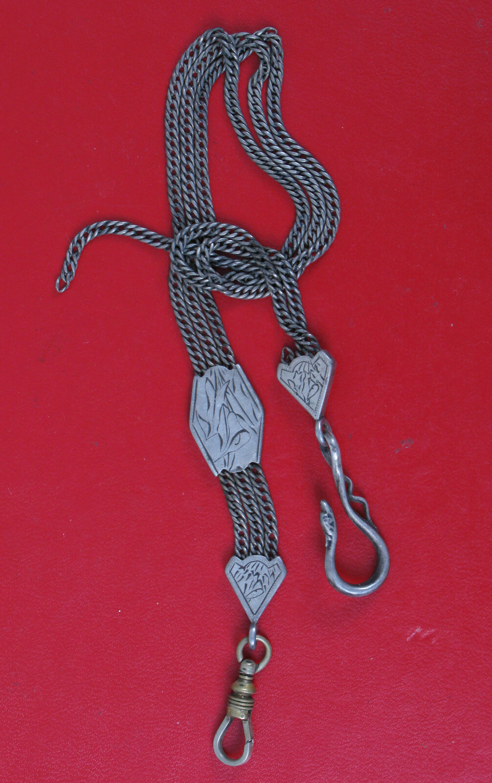 ANTIQUE POCKET WATCH SLIDE CHAIN FOB SILVER / NICKEL TONE SNAKE SERPENT