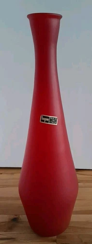 Tall Red Satinato Frosted Vase 13" Art Glass Murano? Labeled Made In Italy