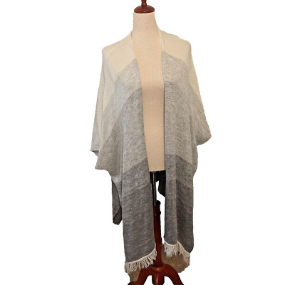 Hem & Thread Poncho Sweater Long Line O/S Ombre Fringe Hem Gray Slouchy Cardigan