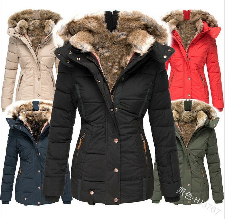 Ladies Winter Jacket Cashmere Thick Denim Hooded Coat with Big Fur Collar Parka main image 1