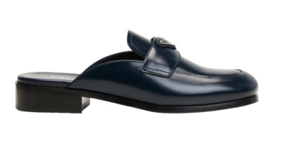 Prada Navy Blue Leather Triangle Silver Logo Loafer Slip On