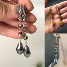 Long Sparkly Gold / Silver Beaded Dangle Earrings, Glass Bead Drop Earrings