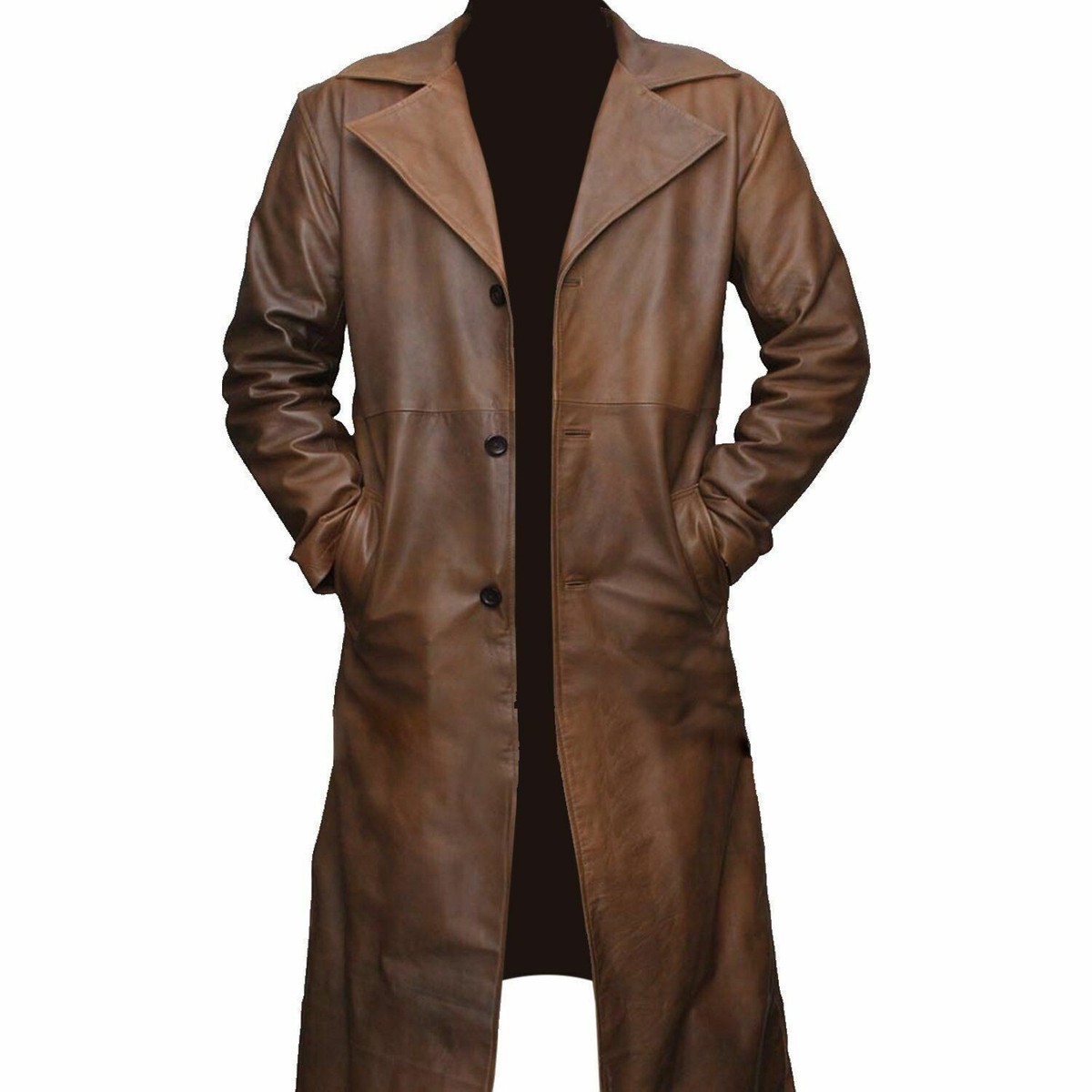 Mens Steampunk Gothic Halloween Brown Long Trench Coat Genuine Leather  Costume