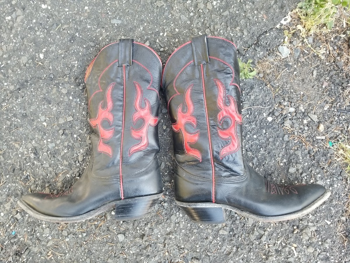 Bottes Western Femme Nocona 8201-28-106, Cuir Noir/rouge, Bout Pointu, Neuves