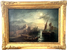 Antike Historische Romantische Ölgemälde Meerküsten Schiffen mit Mondlicht 1850